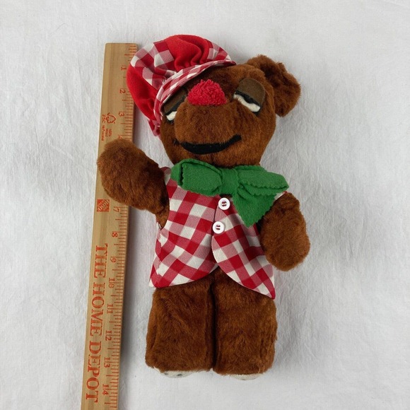 Vintage Plush Stuffed Animal Bear Chef Hat Vest Checkered Plaid 13" - Picture 6 of 8